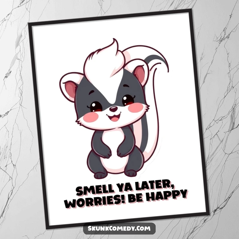Funny free printable wall art of a cheerful Kawaii skunk with its tail held high, radiating friendliness and charm.