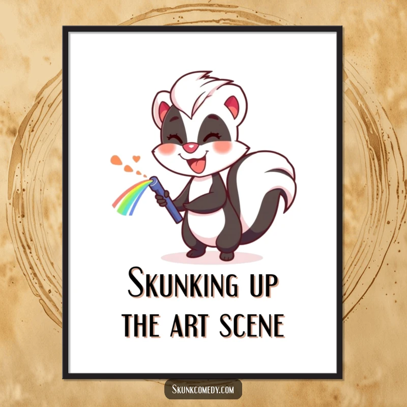 Funny Free Printable Wall Art: A skunk grinning as it sprays a colorful rainbow, adding whimsical charm.
