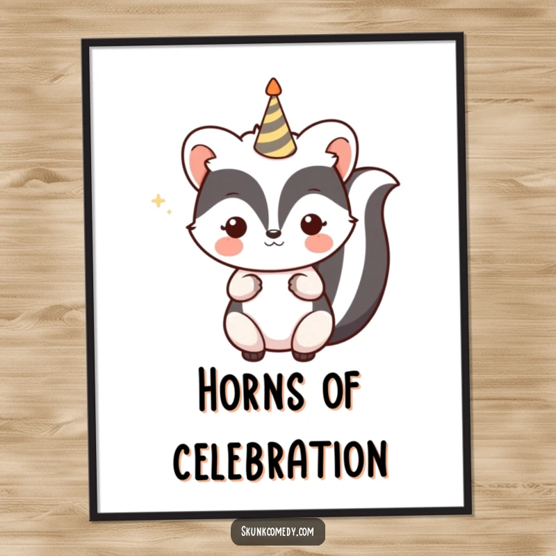 Funny Free Printable Wall Art of a kawaii skunk holding and tooting a small party horn, radiating festive celebration and joy.