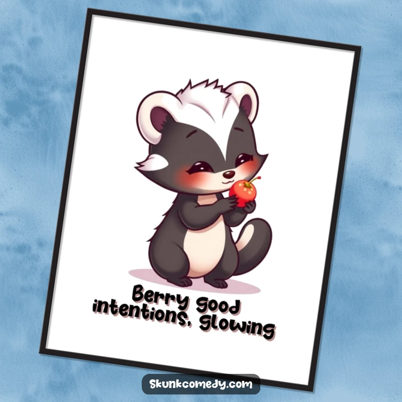 Free printable wall art: A shy skunk tentatively offers a tiny, softly glowing berry, creating a whimsical scene.