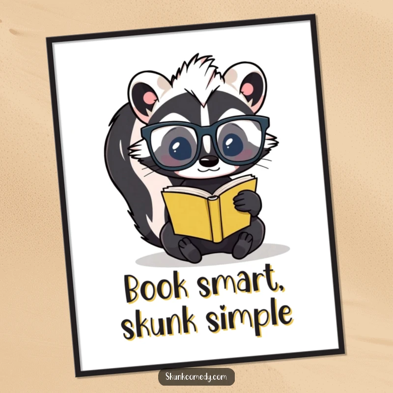 Funny Free Printable Wall Art: A skunk sports large glasses while engrossed in a tiny book, downloadable decor.