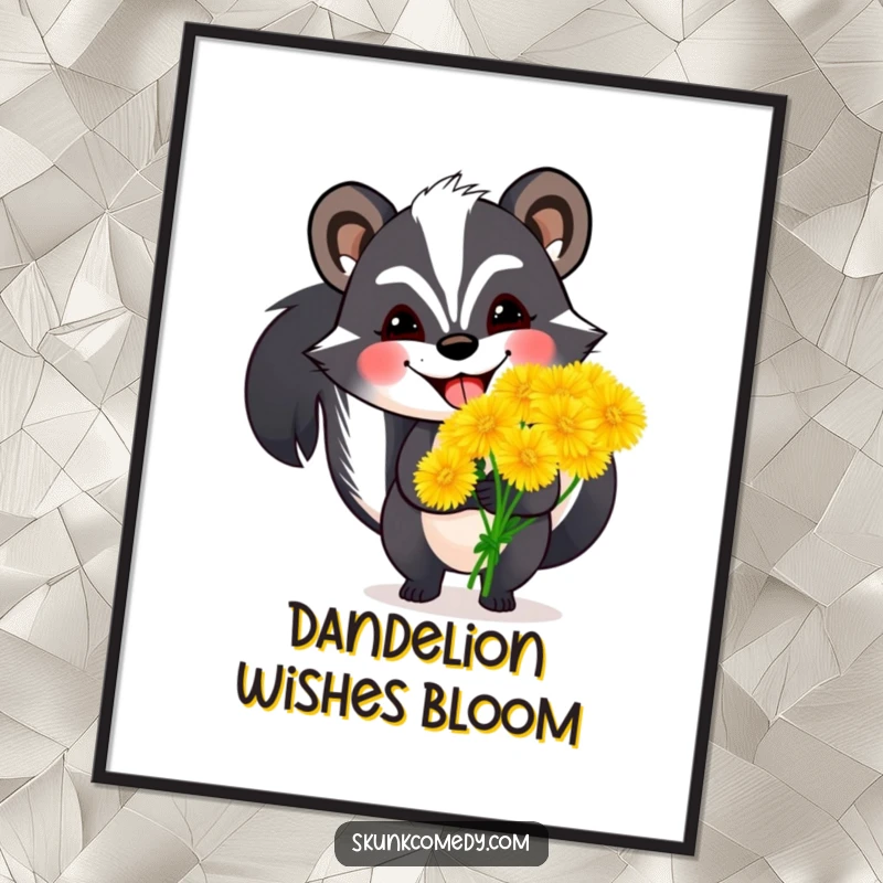 Funny free printable wall art of a skunk with a huge grin holding an oversized bouquet of fluffy dandelions.