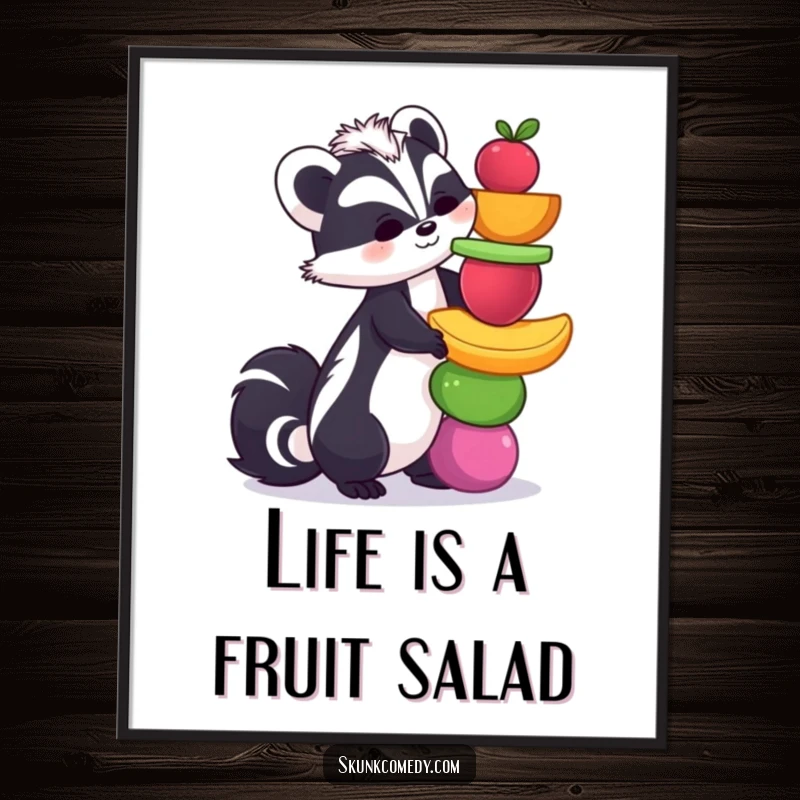 Funny free printable wall art of a skunk with a giant grin balancing a huge stack of colorful, ripe fruits.