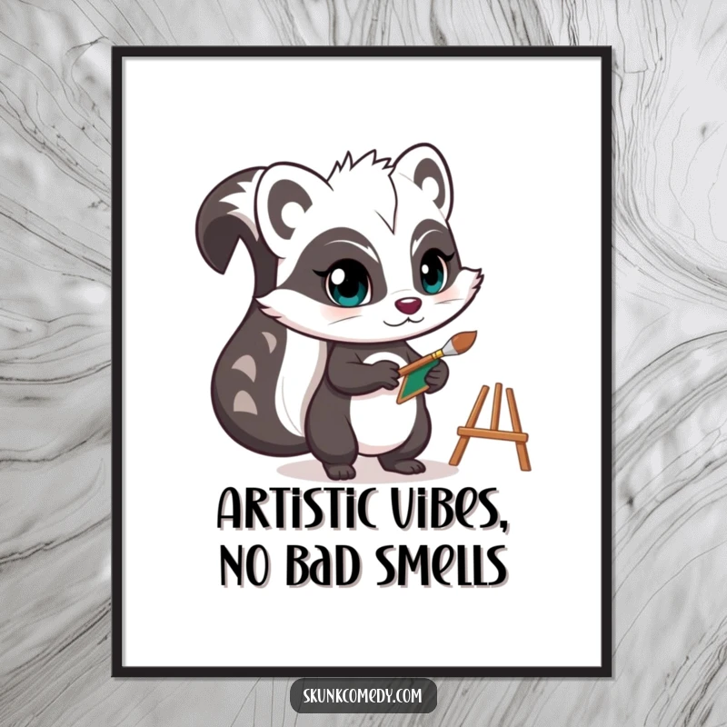 Funny free printable wall art shows a determined skunk focused on creating art with a tiny paintbrush and easel.
