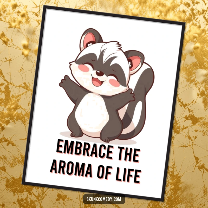 Funny free printable wall art of a joyful skunk with its paws spread wide, offering a welcoming and warm embrace.
