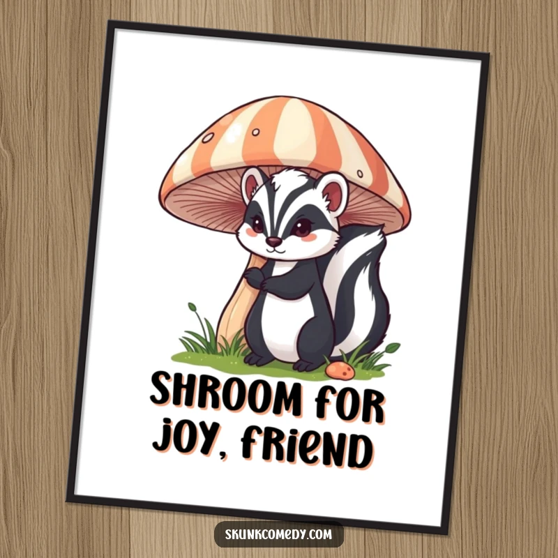 Funny free printable wall art of a skunk playfully peeking from behind a huge, vibrantly striped mushroom, evoking wonder.