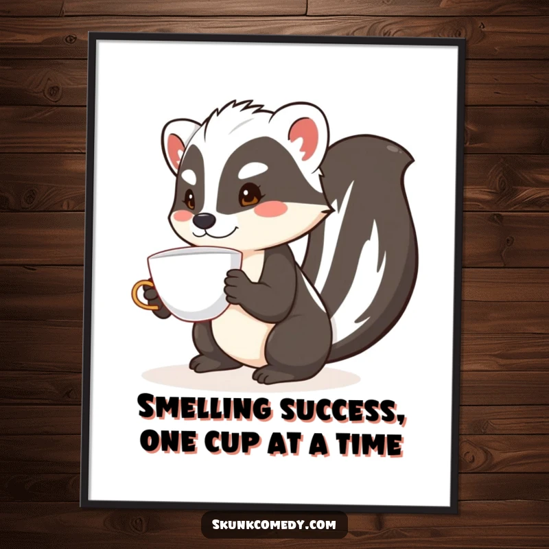 Funny Free Printable Wall Art: A skunk hilariously attempting to balance a delicate teacup on its nose.