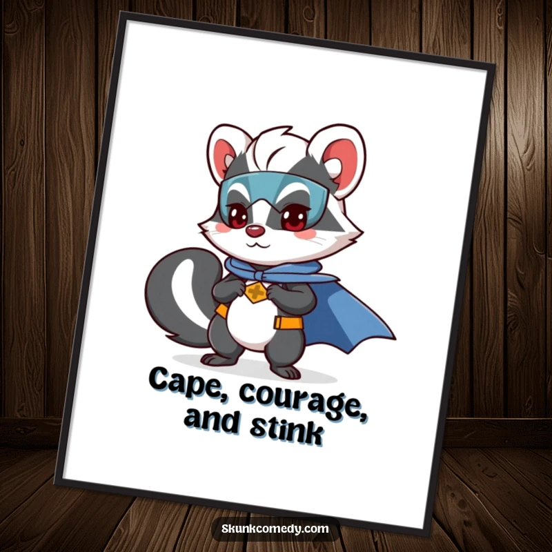 Funny Free Printable Wall Art: A skunk confidently posing as a superhero, complete with a flowing cape.