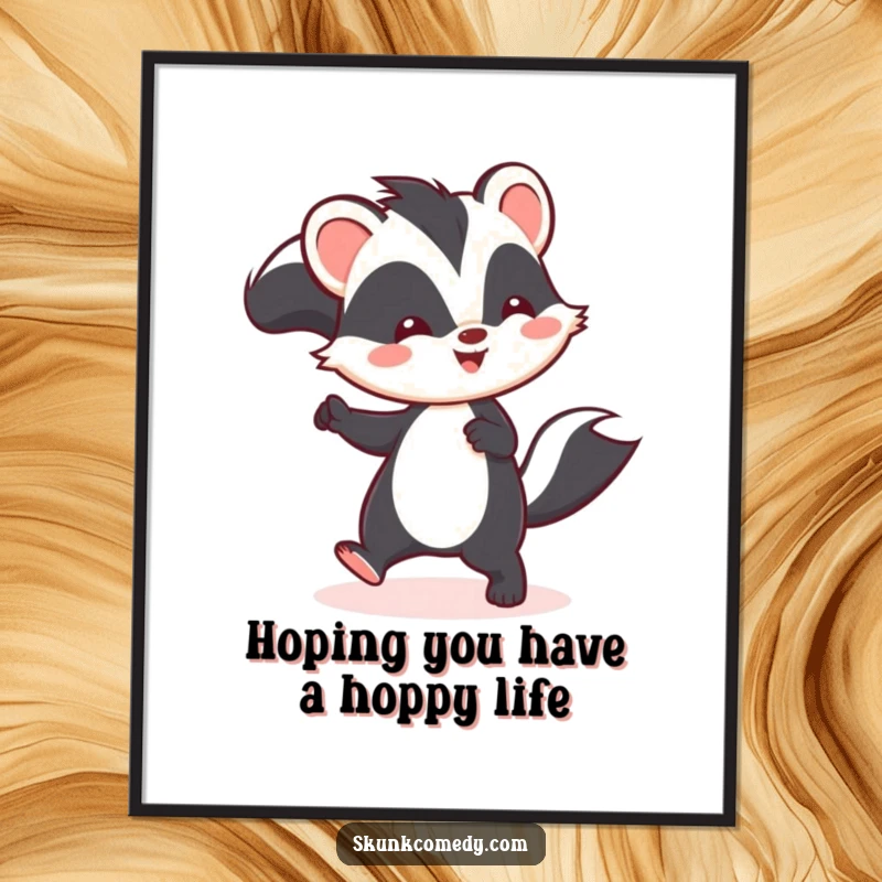 Funny Free Printable Kawaii Skunk Wall Art: A cute skunk gleefully hopping, adding playful charm to your decor.