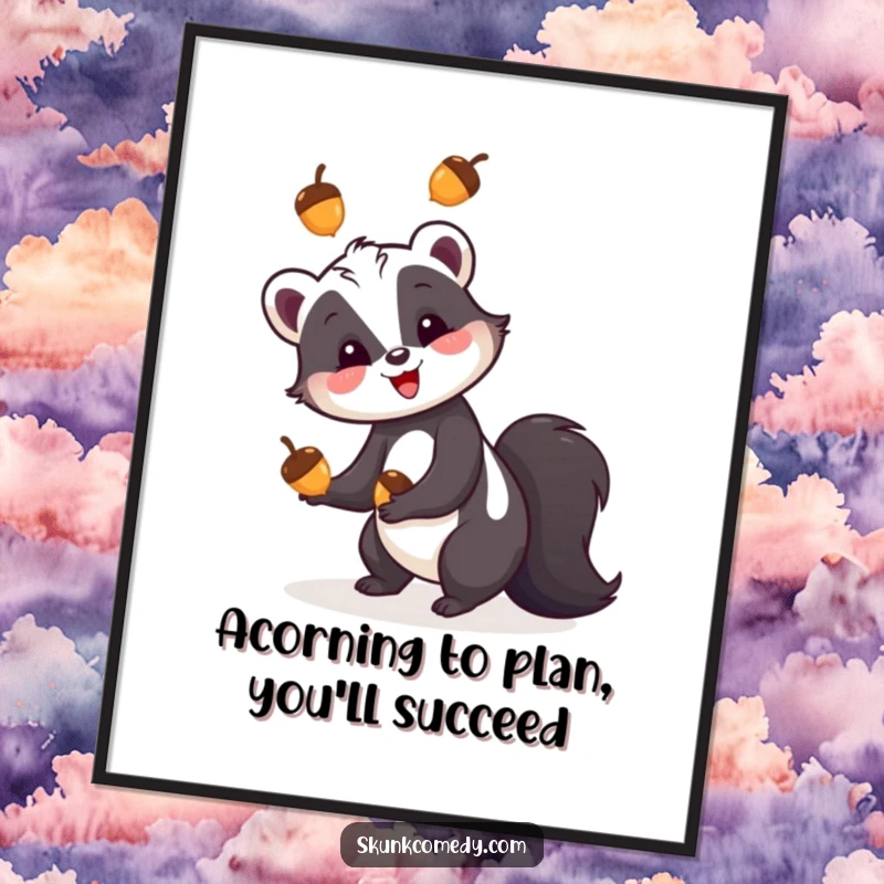 Funny Free Printable Wall Art: Skunk happily juggles three colorful acorns, a charming and humorous digital print.