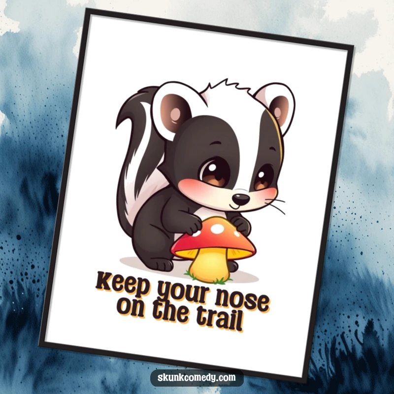 Funny Free Printable Wall Art: A curious cartoon skunk is captured sniffing a brightly glowing mushroom, its wide eyes brimming with wonder.