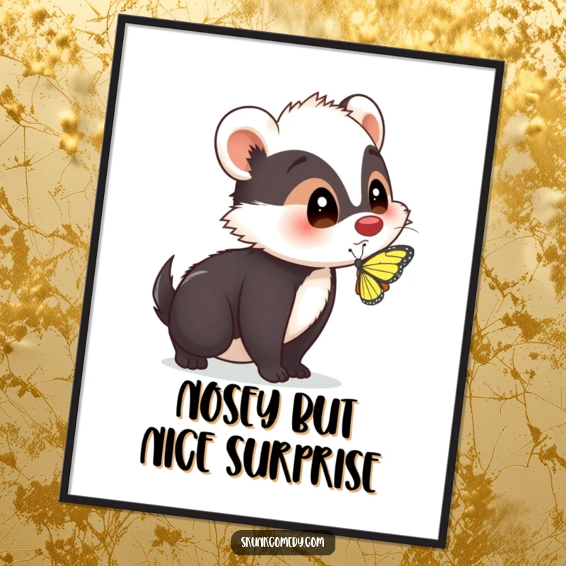 Funny Free Printable Wall Art: A skunk displays a surprised face as a butterfly rests on its nose, downloadable.
