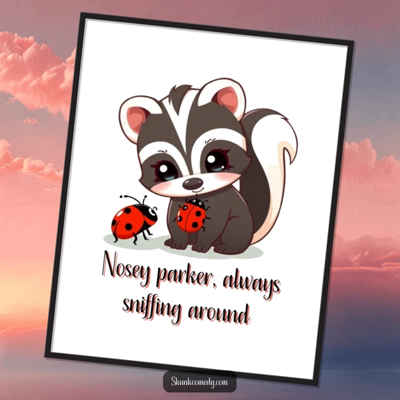 Funny Free Printable Wall Art depicting a skunk with twinkling eyes curiously observing a ladybug. Adorable and humorous downloadable decor.