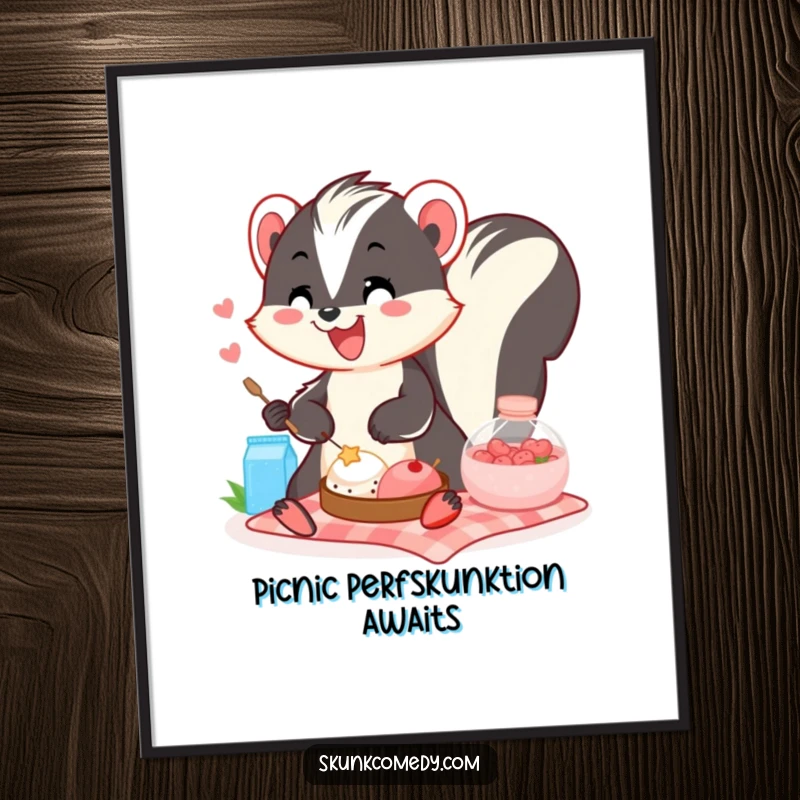 Funny Free Printable Wall Art: A smiling skunk with a bright smile sharing a delicious picnic, bringing cheerful vibes to any room.