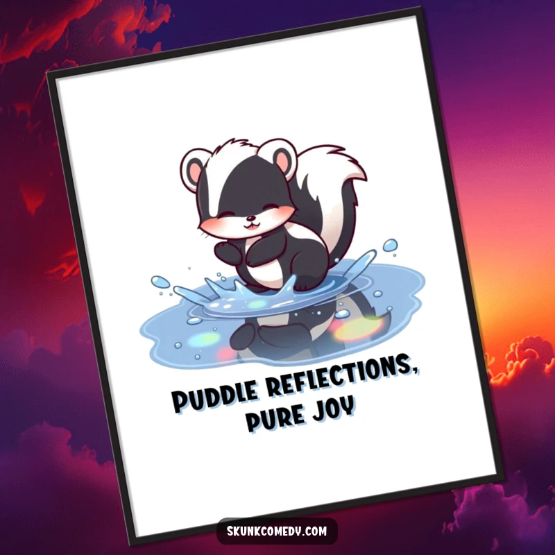 Funny free printable wall art of a skunk playfully splashing in a puddle, creating stunning rainbow reflections.