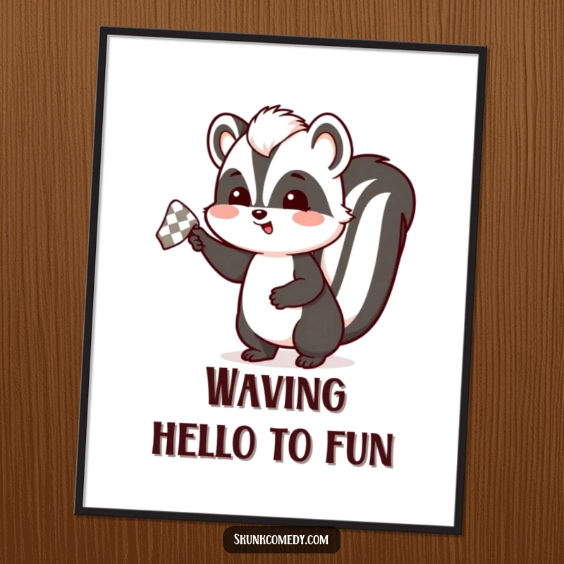Funny free printable wall art of a skunk with a wide grin, enthusiastically waving a small checkered handkerchief.