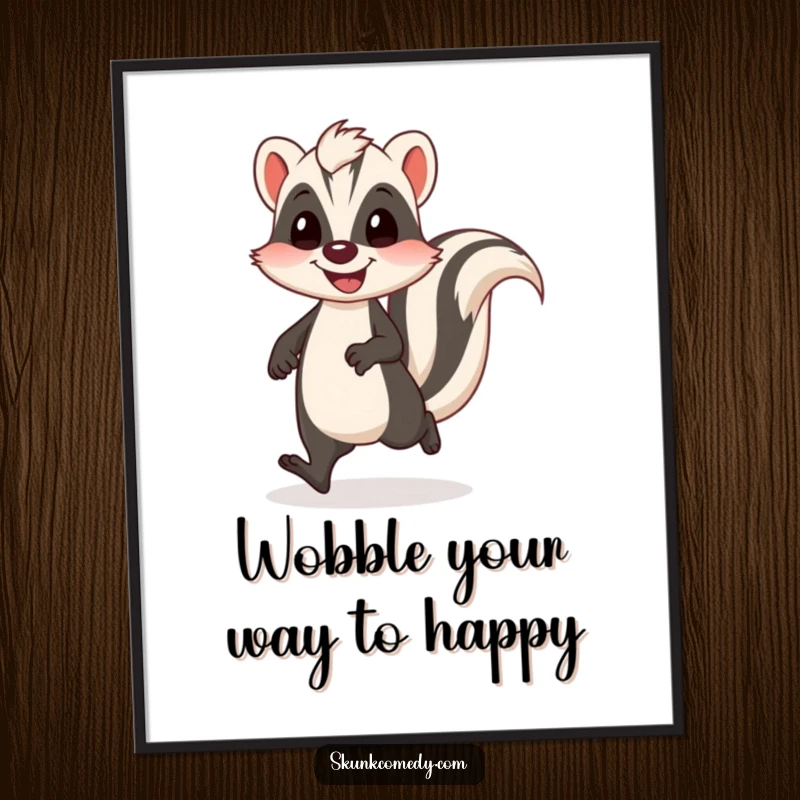 Funny free printable wall art of a skunk doing a humorous, wobbly walk with a distinctive happy bounce.