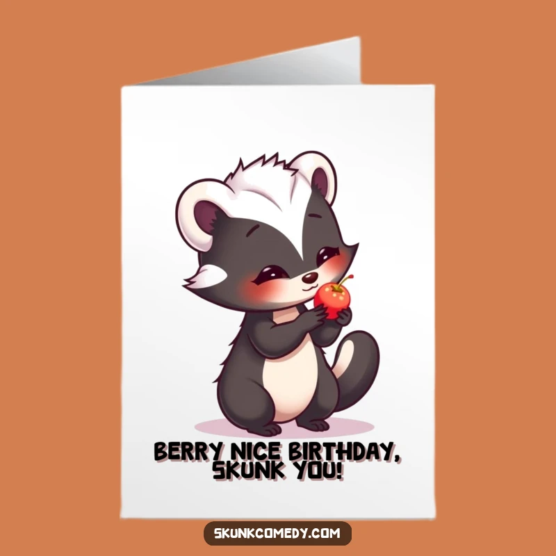 Free Printable Birthday Card: Shy Skunk Berry Gift, Tender Downloadable