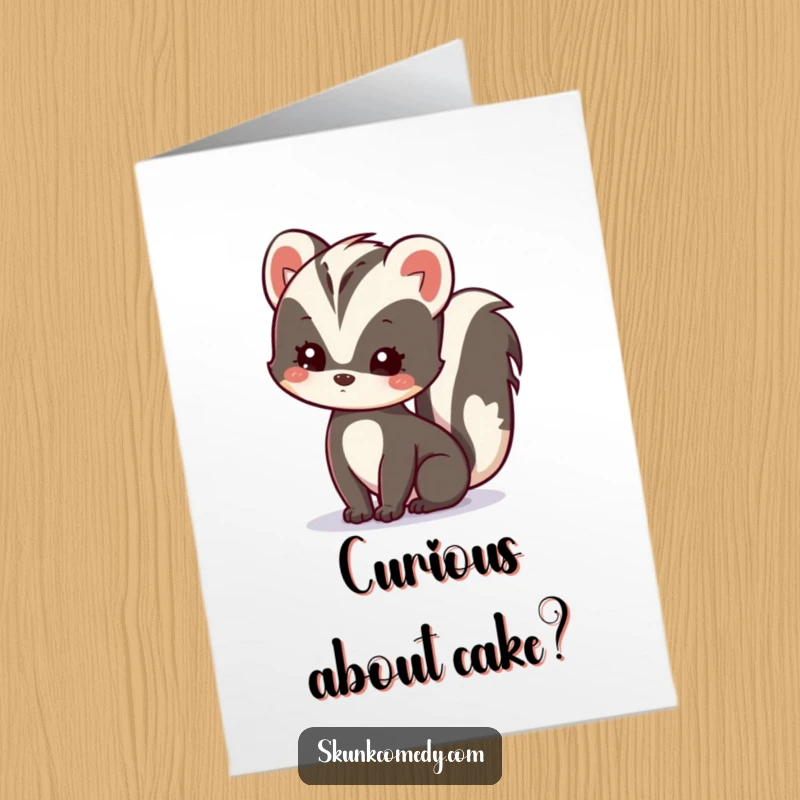 Funny Free Printable Birthday Card featuring a kawaii skunk tilting its head, full of delightful curiosity about the birthday surprise.