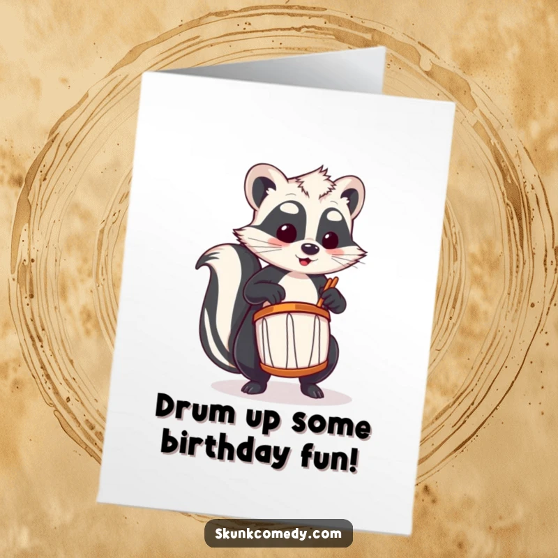 Funny Free Printable Birthday Card: A skunk enthusiastically tapping a tiny drum with all its might.