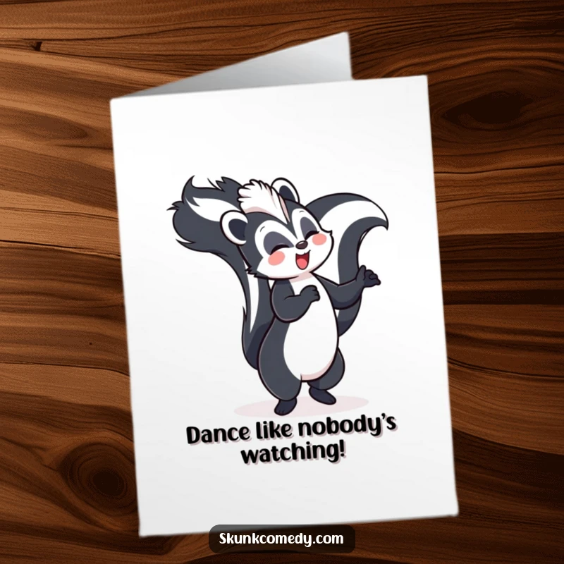 Funny Free Printable Birthday Card: A skunk happily dances with its tail held high, sharing festive birthday vibes.