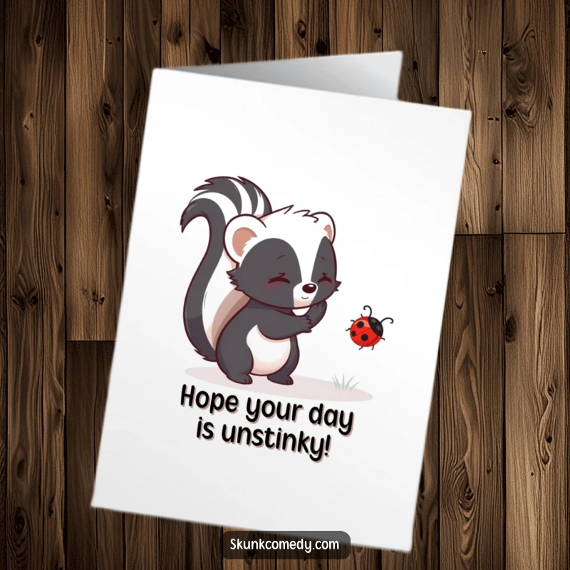 Funny Free Printable Birthday Card: A skunk gently nudges a lost ladybug, symbolizing guidance and kindness for a birthday.