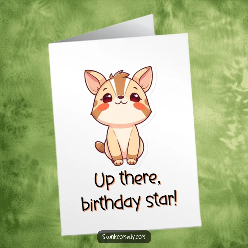 Funny free printable birthday card of a striped animal character looking upwards with wide-eyed wonder and amazement.