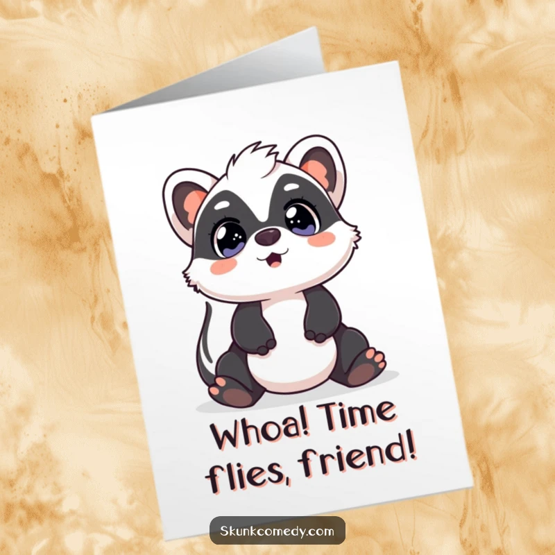 Funny free printable birthday card featuring a Kawaii skunk with wide, surprised eyes looking up, reacting to birthday wishes.