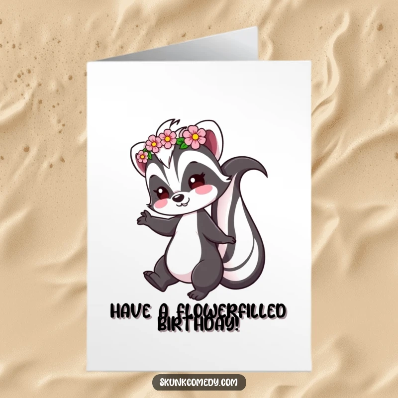 Funny Free Printable Birthday Card of a skunk character wearing a flower crown and playfully twirling with delight.