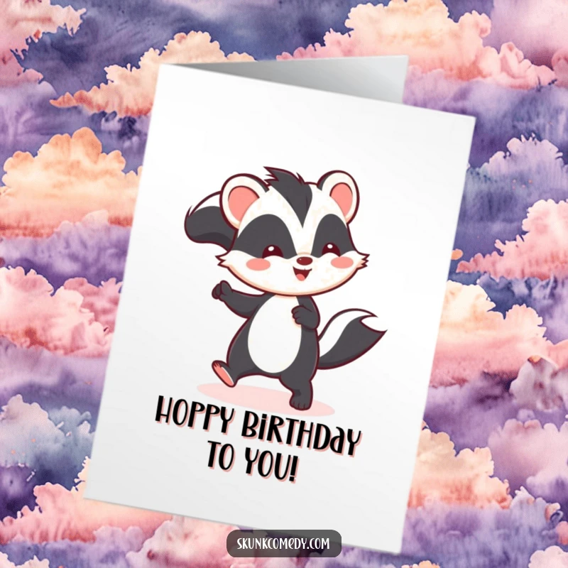 Funny Free Printable Kawaii Skunk Birthday Card: Adorable skunk doing a joyful hop, perfect for a downloadable greeting.