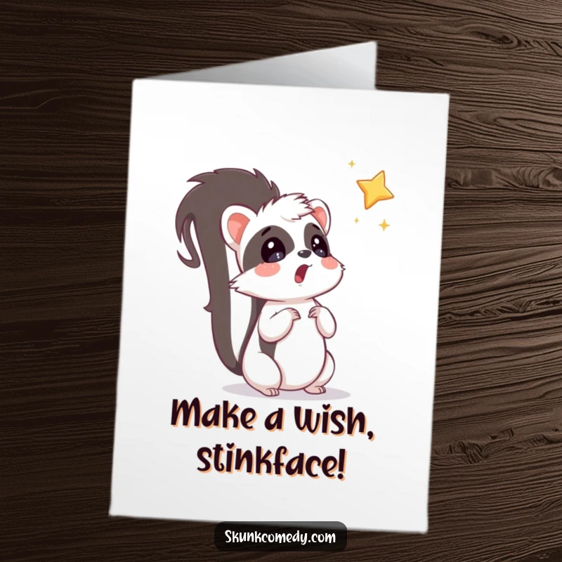 Funny Free Printable Skunk Birthday Card: A surprised skunk looks up in awe at a bright, falling star on your birthday.
