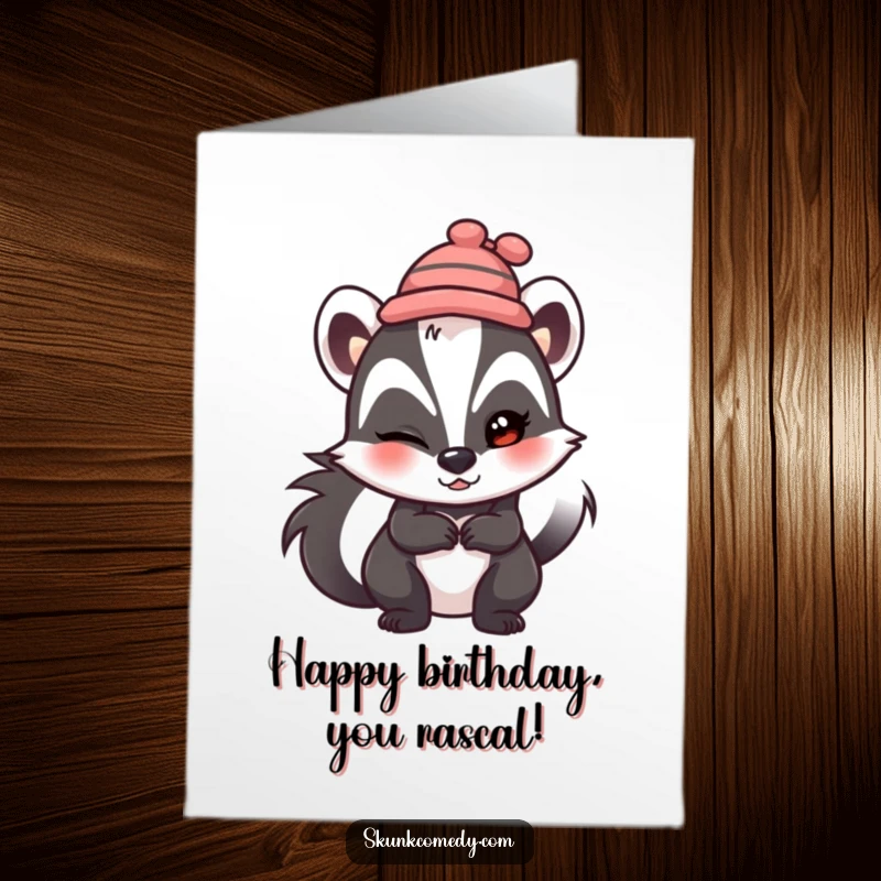 Funny Free Printable Birthday Card: A skunk in a tiny hat winking mischievously, sharing a playful birthday greeting.