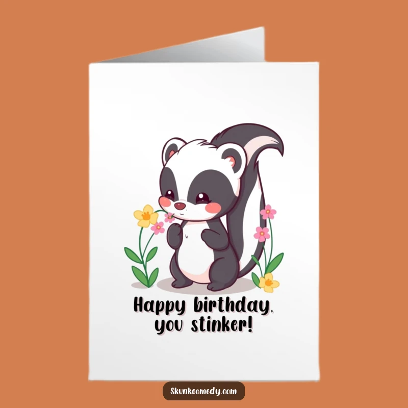 Free Printable Birthday Card: Cute Kawaii Skunk Sniffing Flowers for Joy