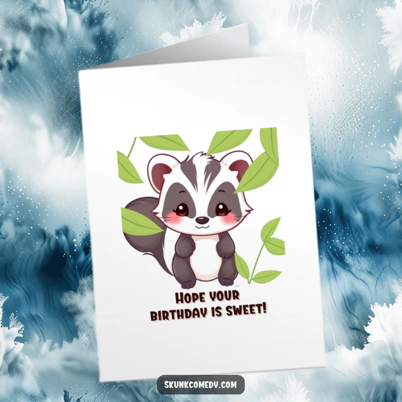 Funny Free Printable Kawaii Skunk Birthday Card: Shy skunk peeking from leaves with a sweet smile, a downloadable greeting.
