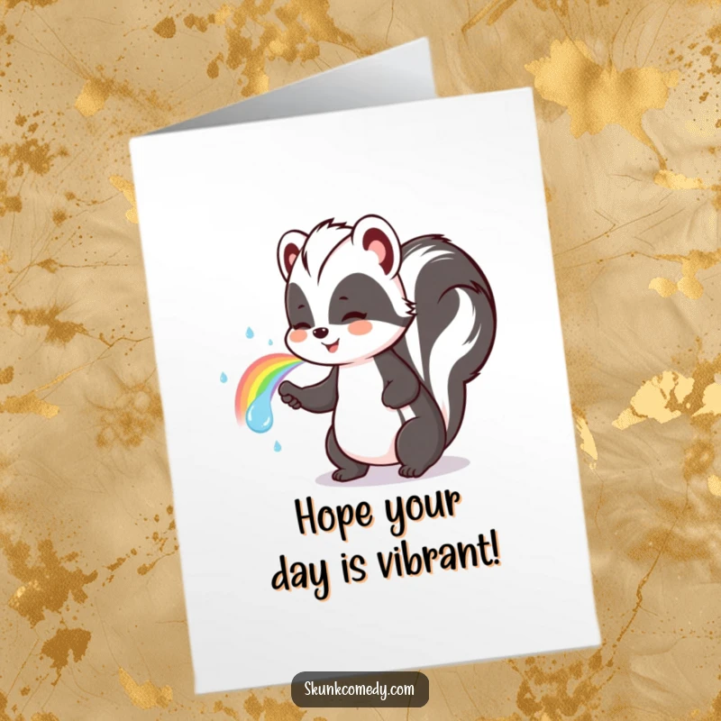 Funny Free Printable Birthday Card: A cute skunk joyfully spraying a vibrant rainbow instead of its usual spray, celebrating.