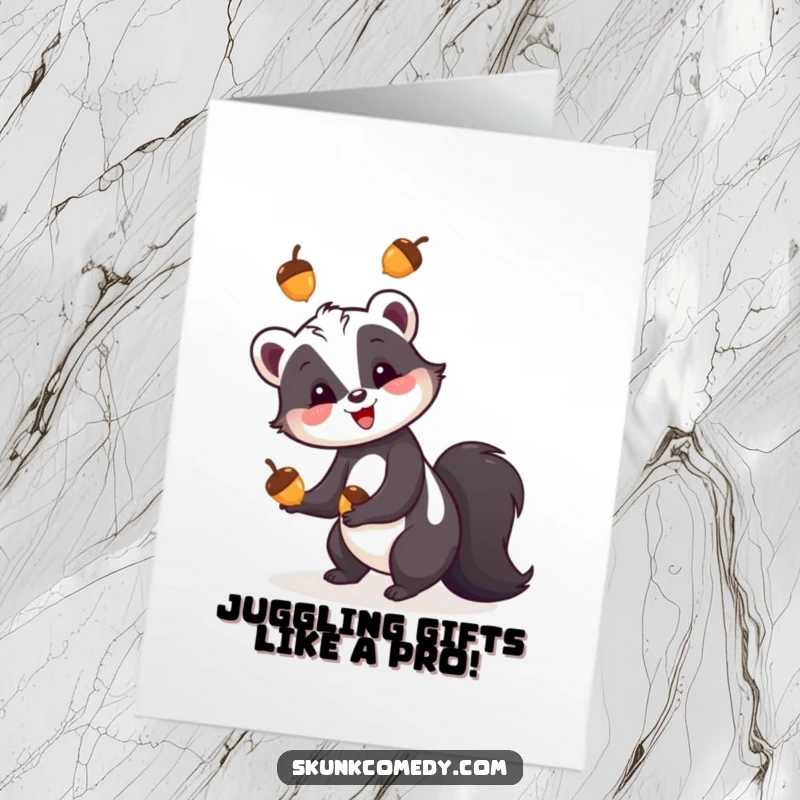 Funny Free Printable Birthday Card: Skunk happily juggles three colorful acorns, celebrating a special day with flair.