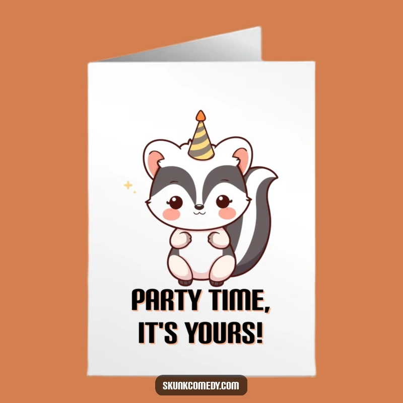 Free Printable Birthday Card: Kawaii Skunk Blows Party Horn For Your Big Day!