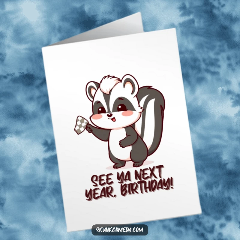Funny free printable birthday card of a skunk enthusiastically waving a small, checkered handkerchief goodbye.
