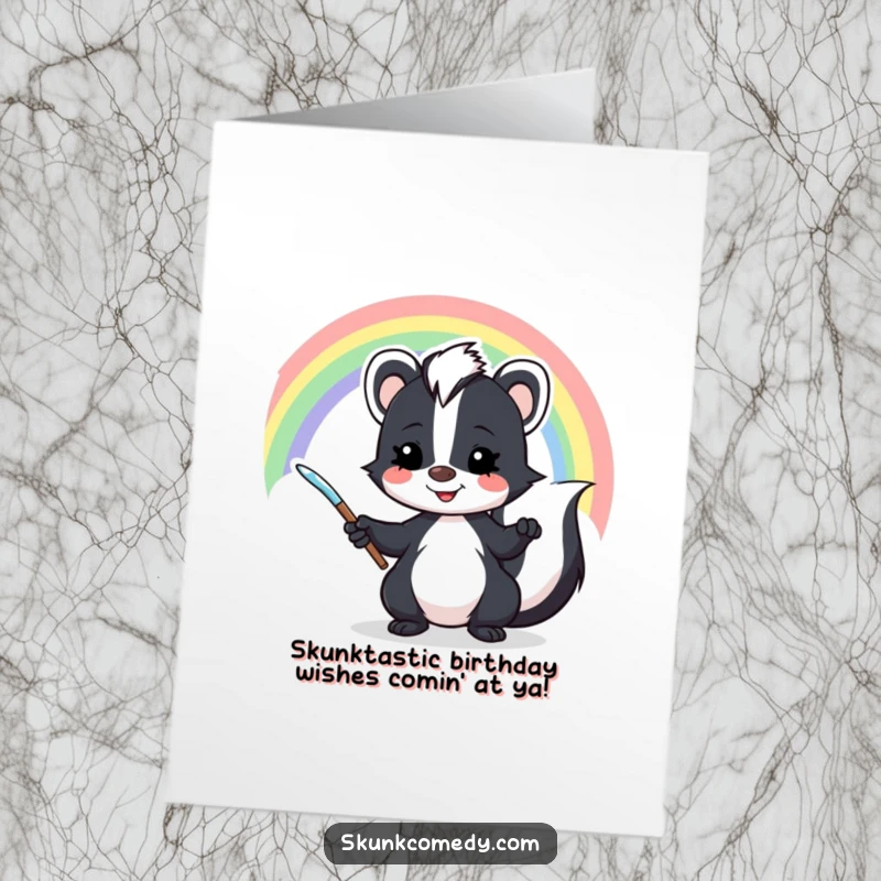 Funny Free Printable Birthday Card featuring a mischievous skunk artist joyfully painting a vibrant rainbow across the sky.
