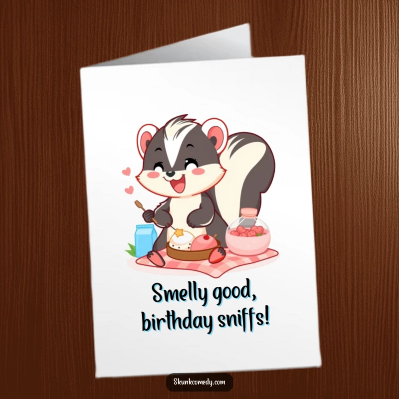 Funny Free Printable Birthday Card: Smiling skunk joyfully shares a picnic, radiating happiness and humor for your special occasion.
