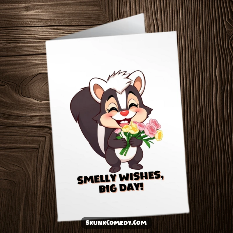 Funny free printable birthday card featuring a grinning skunk generously holding a cheerful bouquet, ready to deliver birthday wishes.