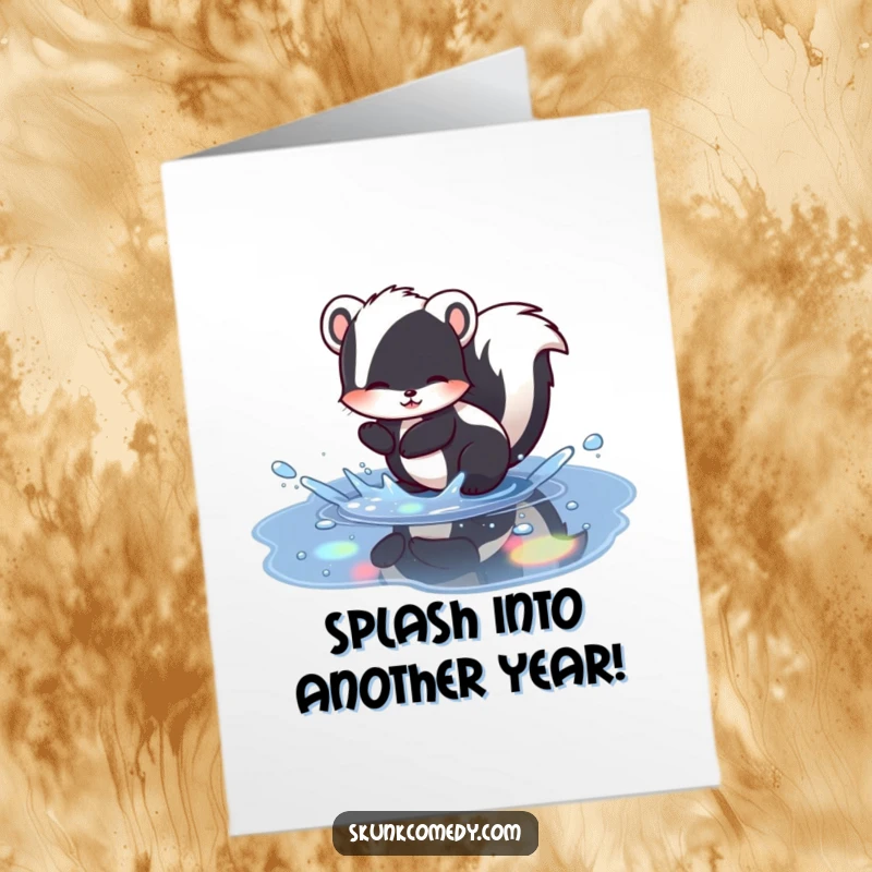 Funny free printable birthday card of a skunk gleefully splashing in a puddle, creating colorful rainbow reflections.