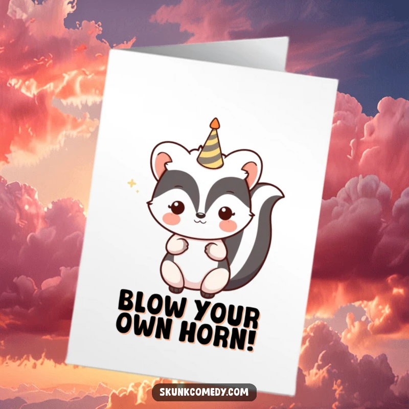 Funny Free Printable Congratulations Card showing a kawaii skunk blowing a small party horn, excitedly celebrating your wonderful news.