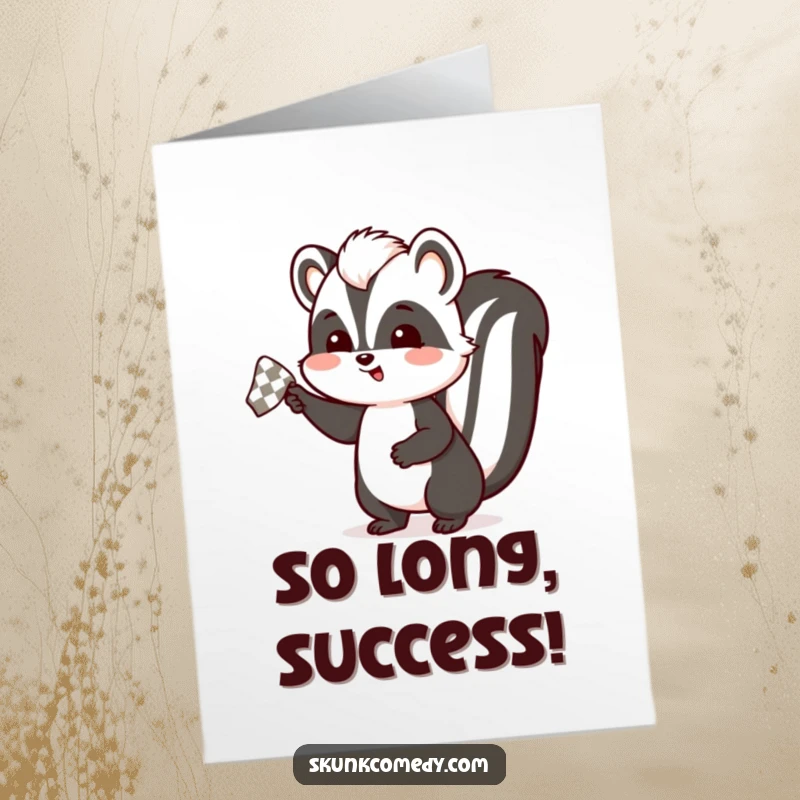 Funny free printable congratulations card of a skunk energetically waving a small, checkered handkerchief with a smile.