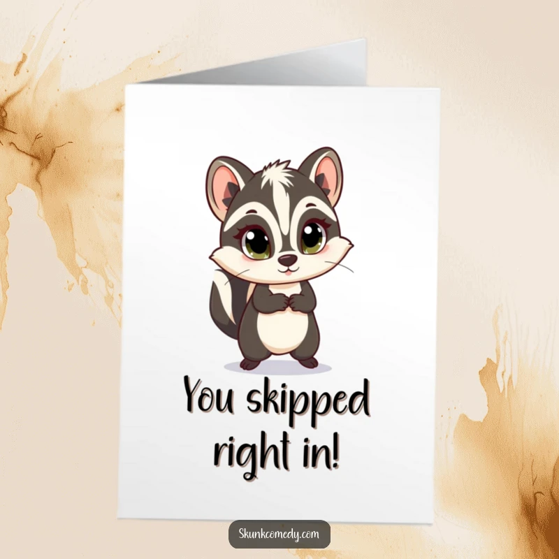 Funny free printable congratulations card featuring a skunk with innocent eyes doing a happy skip, perfect for celebrating achievements.