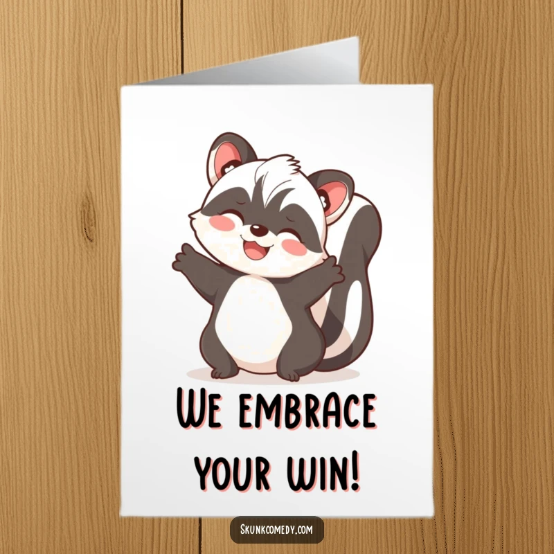 Funny free printable congratulations card showing a joyful skunk with arms wide open, ready for a celebratory embrace.