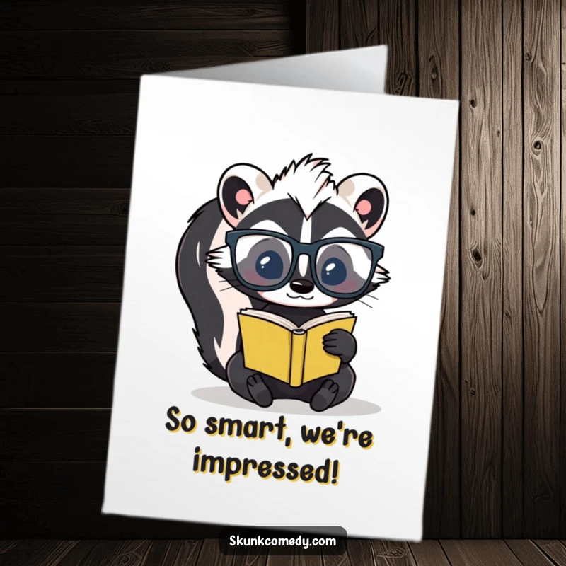 Funny Free Printable Congrats Card: A skunk wearing glasses reads a small book, a clever downloadable gift.