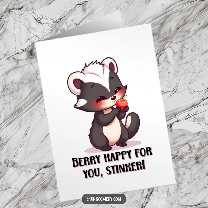 Free printable congratulations card: A timid skunk extends a faintly glowing berry, a humble offering for your celebration.