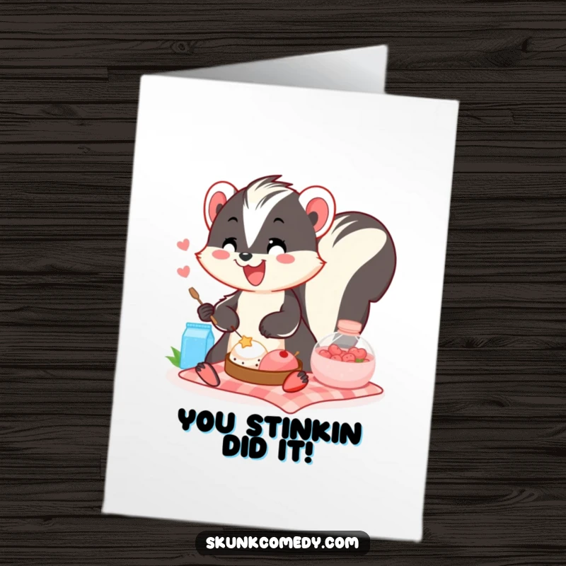 Funny Free Printable Congratulations Card: A smiling skunk enjoys a picnic, perfect for celebrating any wonderful achievement with humor.