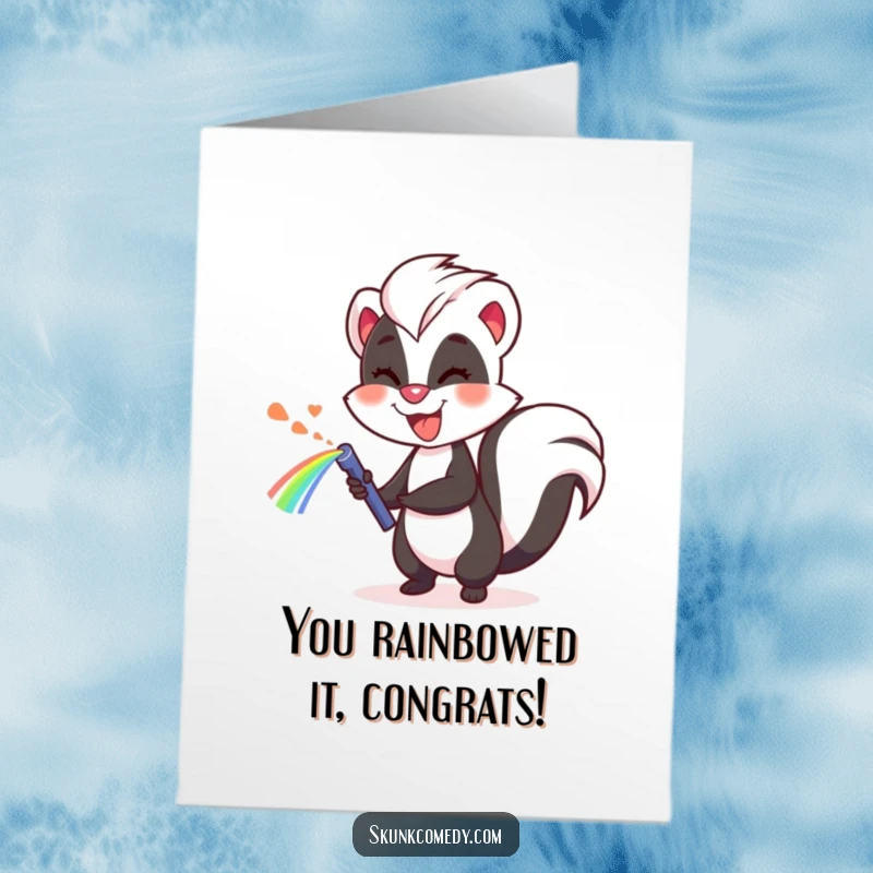 Free Printable Congratulations Card: Amusing skunk joyfully spraying a rainbow, celebrating good news with a unique gift.